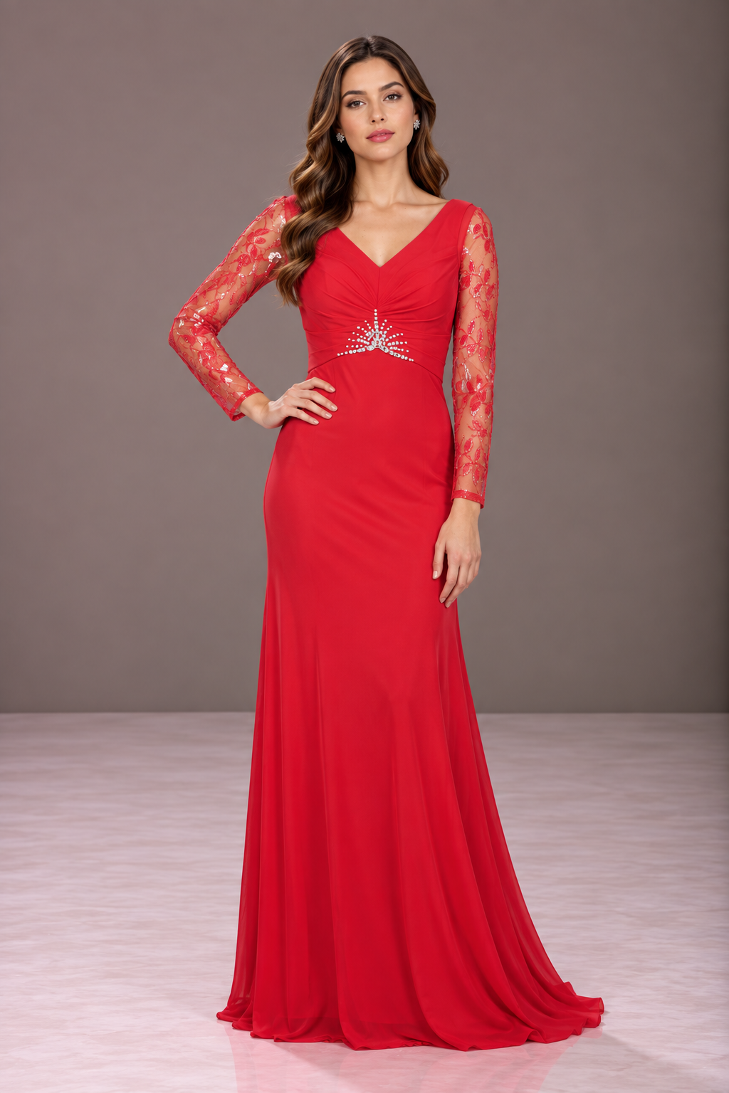 Vestido Mangas Encaje Detalle de Brillantes