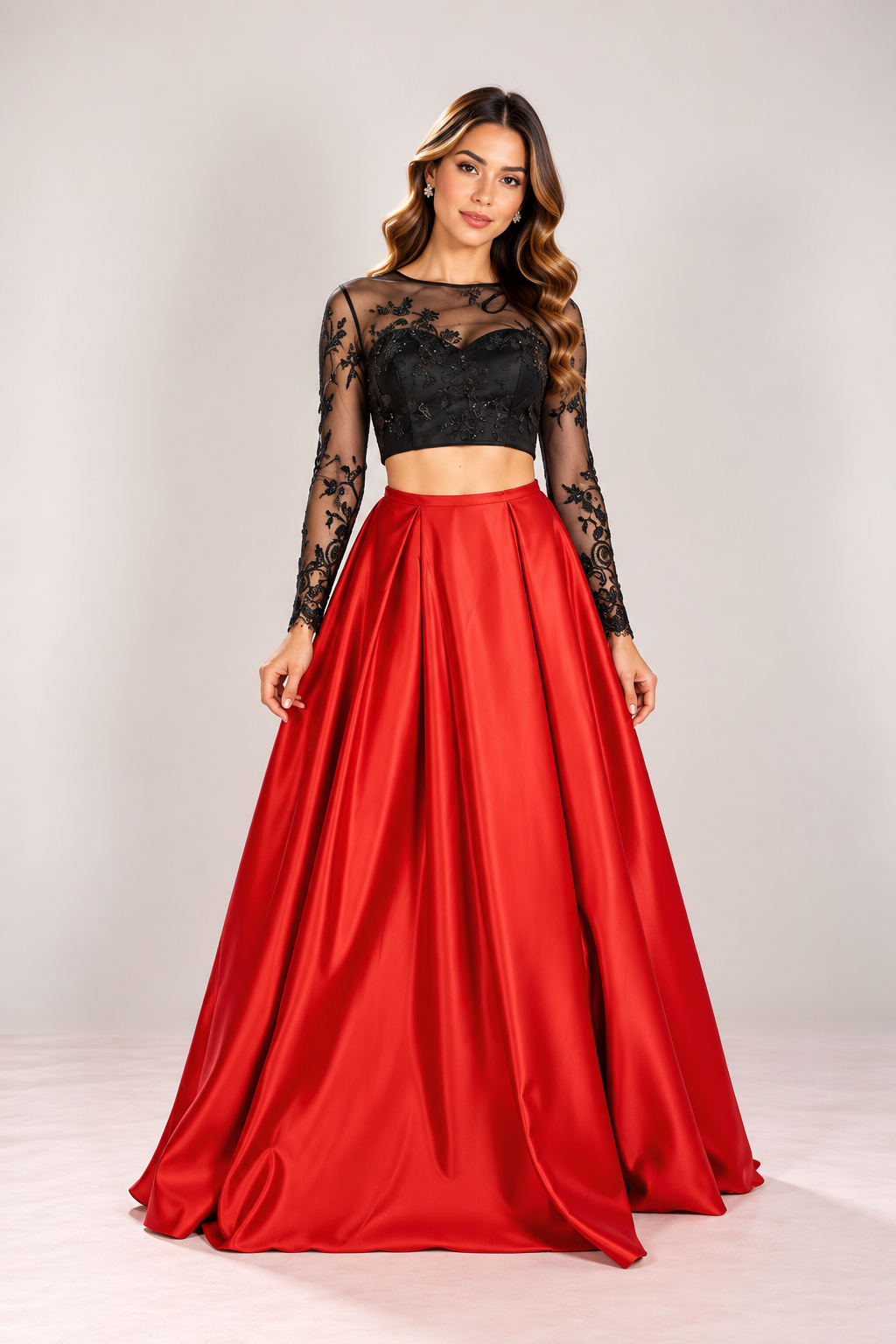 Vestido Crop Top Long Sleeve Falda Roja Two Piece 