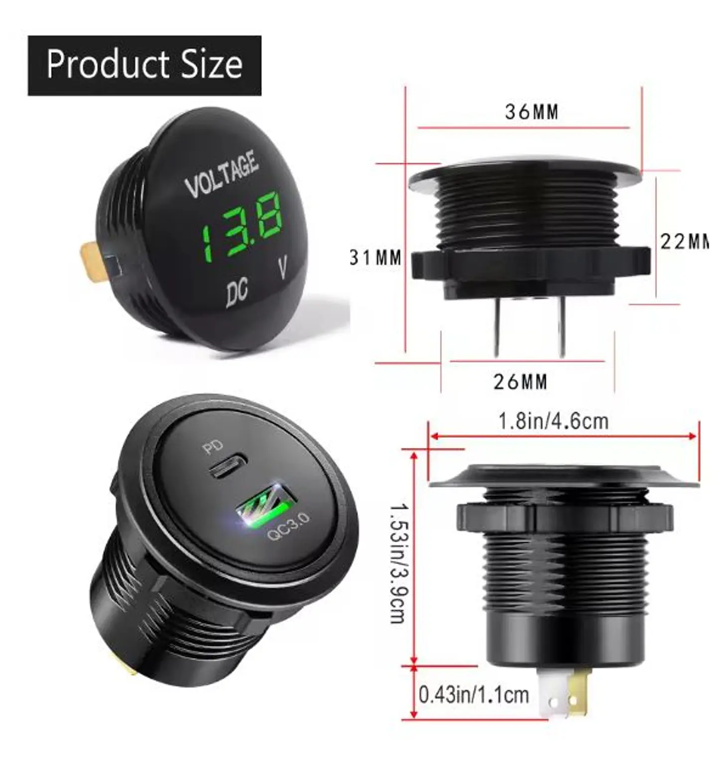 Panel Triple 12V Pro: USB-C PD, QC 3.0 y Toma 12V 4