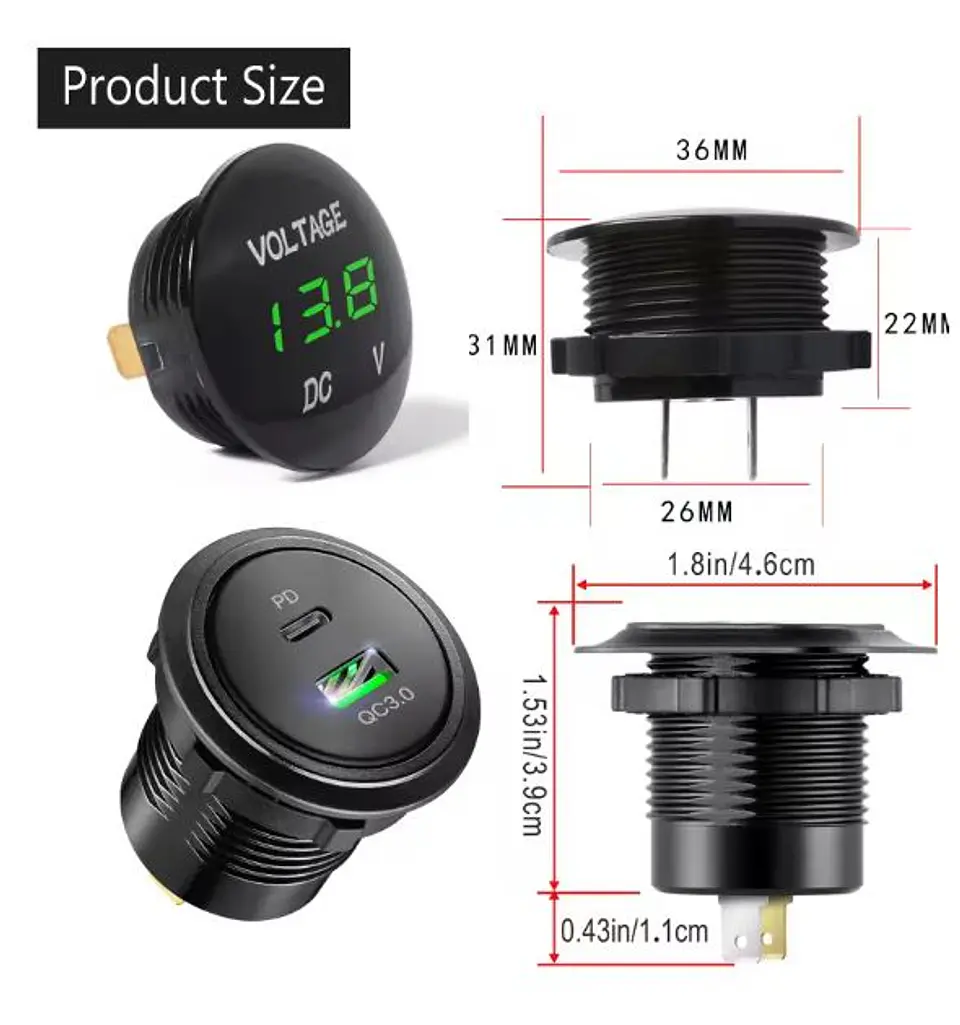 Panel Triple 12V Pro: USB-C PD, QC 3.0 y Toma 12V 4
