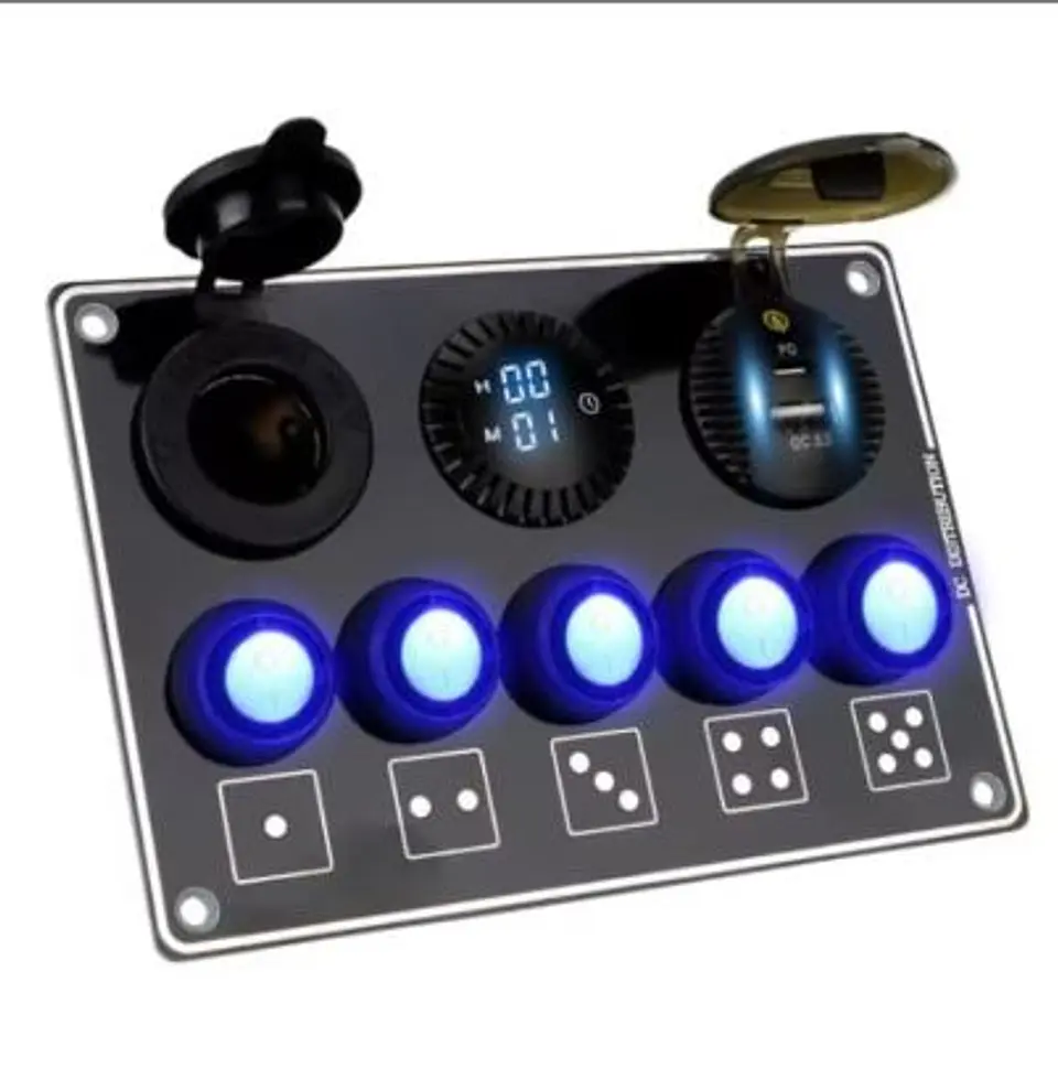Panel de Control 5 Switches Pro: USB-C PD, QC 3.0, Socket 12V y Voltímetro 1