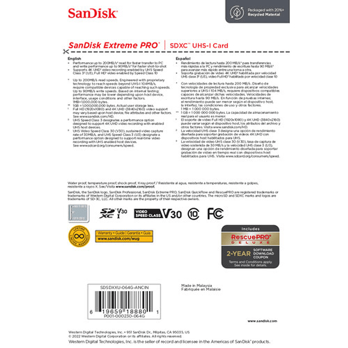TARJETA DE MEMORIA SANDISK SD 64GB EXTREMEPRO 4