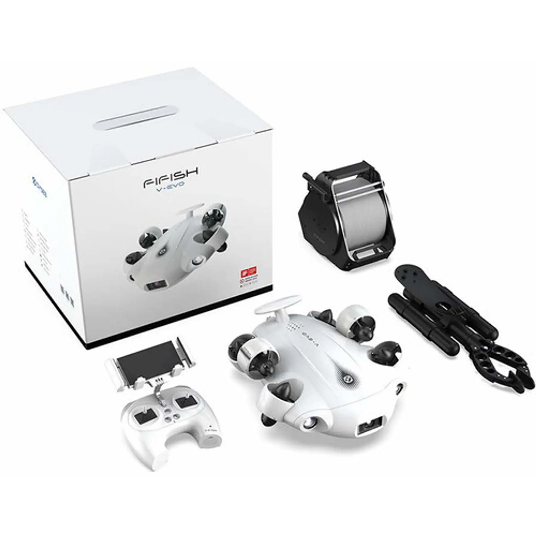 Fifish V-EVO 4K Onderwaterdrone met robotarm AI Vision Lock 360° omnidirectionele beweging 100M duiken Onderwater ROV, Wit