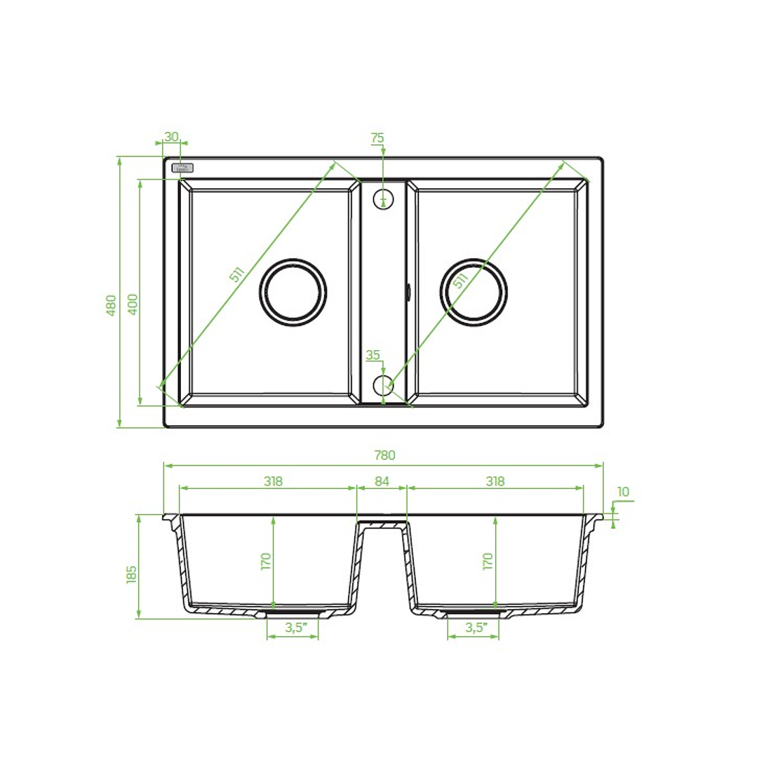 Banca de cozinha Lava louça Barbados em poligranito 2 cubas preto 2