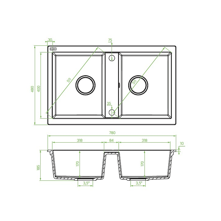 Banca de cozinha Lava louça Barbados em poligranito 2 cubas preto 2