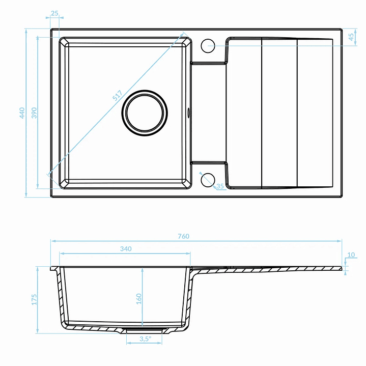 Banca de cozinha Lava louça RAB em poligranito 1 cuba 2