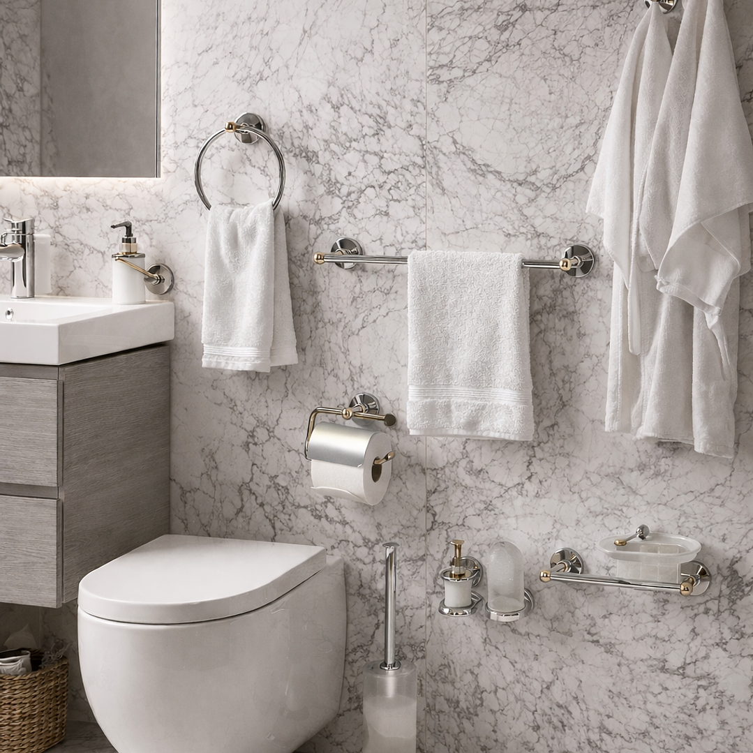 KIT de 8 acessórios WC cromado e Dourado 1