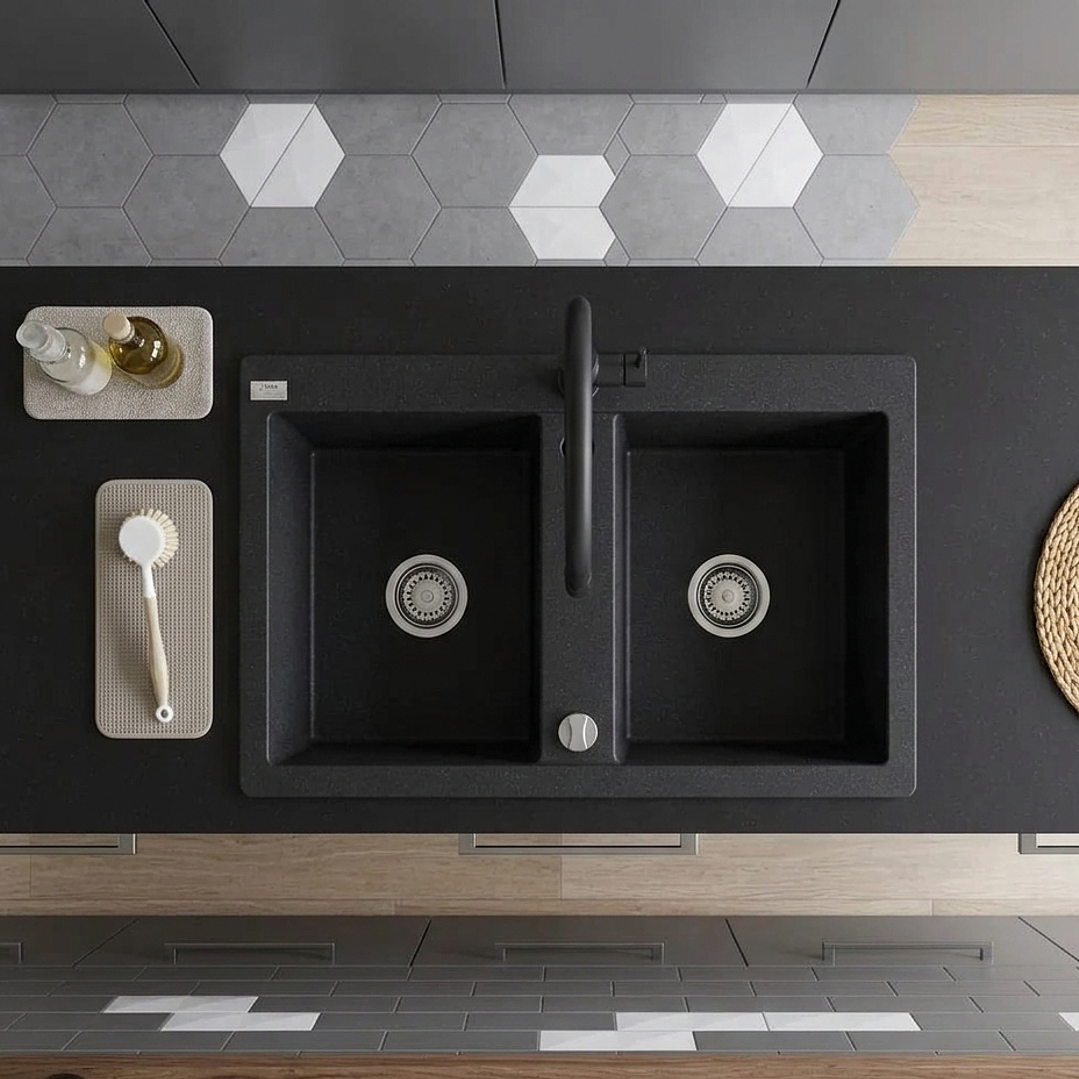 Banca de cozinha Lava louça Barbados em poligranito 2 cubas preto 2
