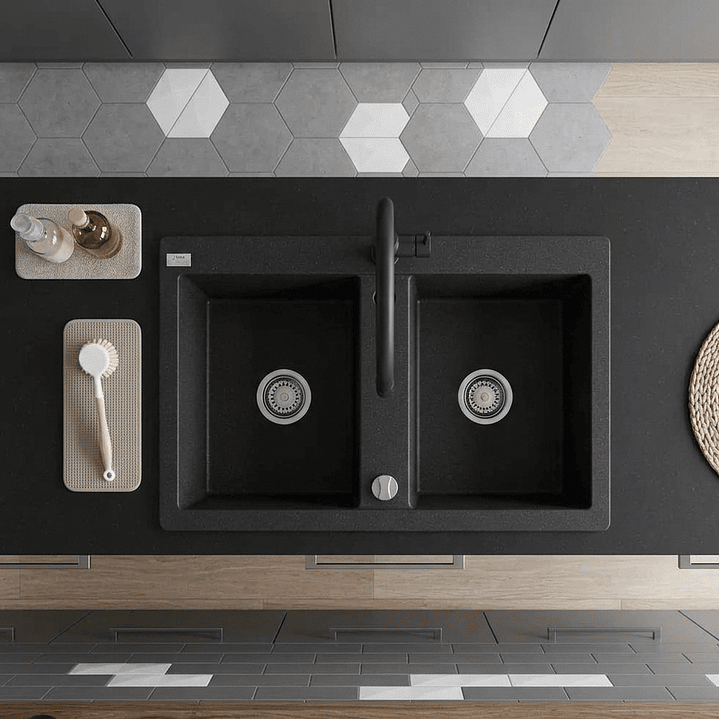 Banca de cozinha Lava louça Barbados em poligranito 2 cubas preto 2
