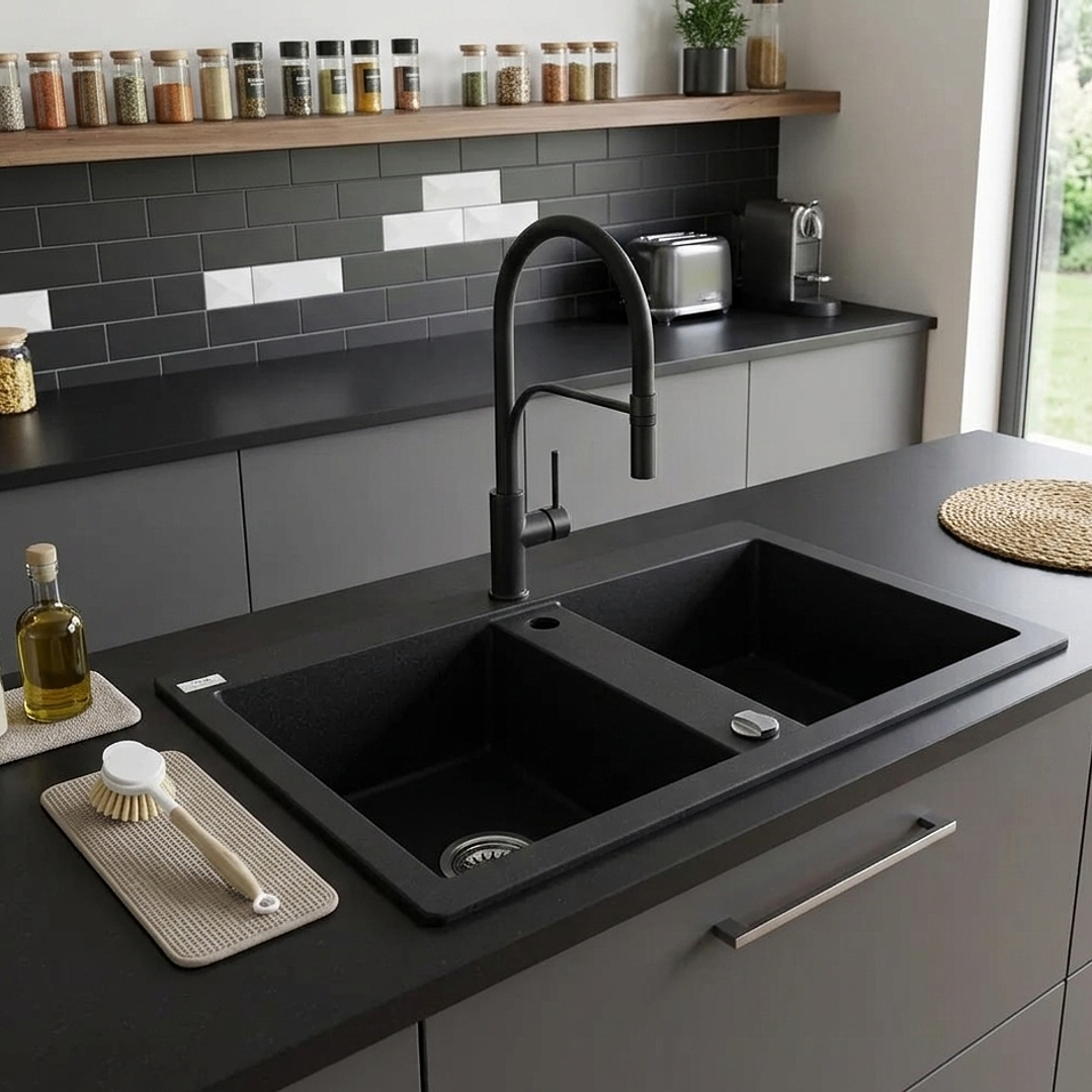 Banca de cozinha Lava louça Barbados em poligranito 2 cubas preto 1