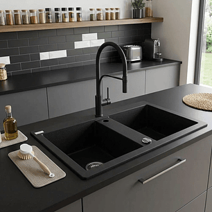 Banca de cozinha Lava louça Barbados em poligranito 2 cubas preto