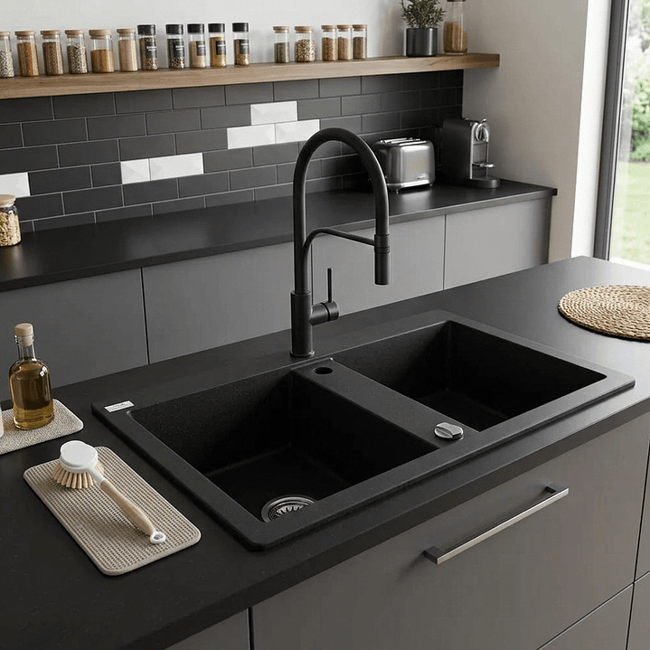 Banca de cozinha Lava louça Barbados em poligranito 2 cubas preto 1