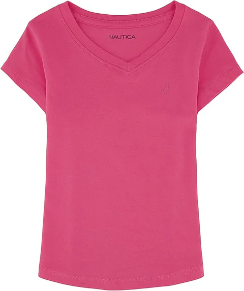 Camiseta Nautica Niña – Cuello en V Regular Fit | Mezcla Algodón Premium – Rosa Carmín