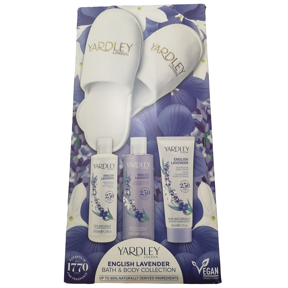 Yardley English Lavender Gift Set 100ml Body Wash + 100ml Body Lotion + 50ml Hand Cream + Slippers - Onesize