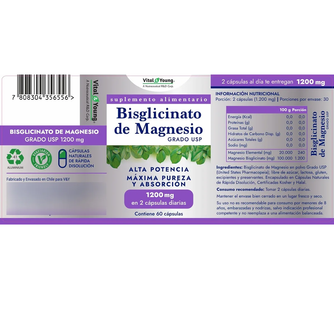 Bisglicinato De Magnesio 60 Cap 1200mg Grado Usp 2