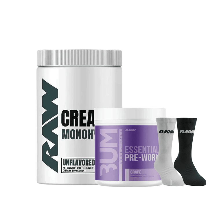 Creatina RAW 500gr + Pre Entreno Essential CBUM + Par de Calcetines RAW 2
