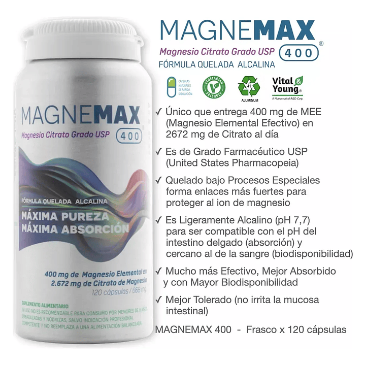 Magnemax (120 CAPS) Citrato de Magnesio grado USP 2