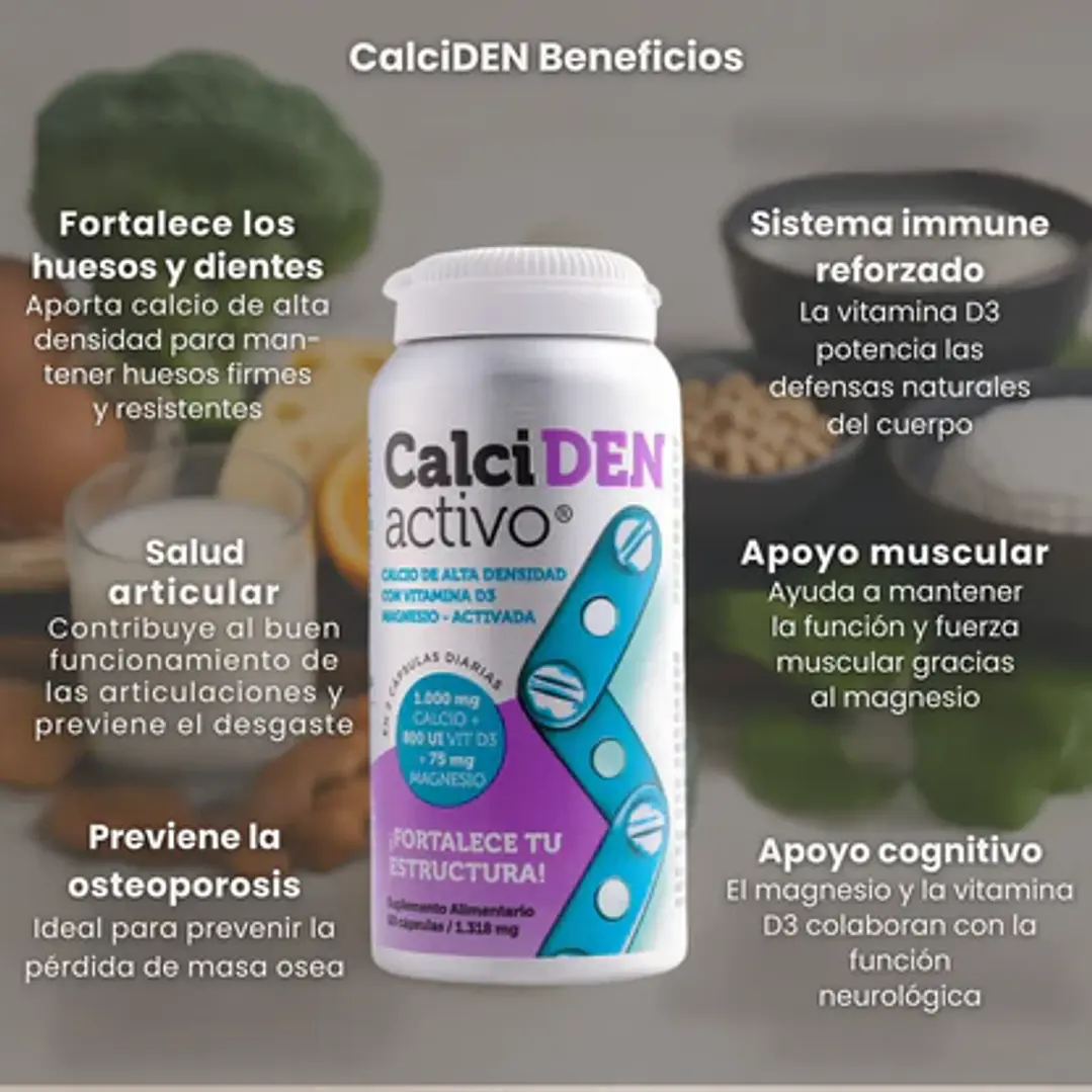 Calcio Alta Densidad + Vitamina D3 Magnesio-activada. Calciden Activo En Frasco De 60 Cápsulas 1
