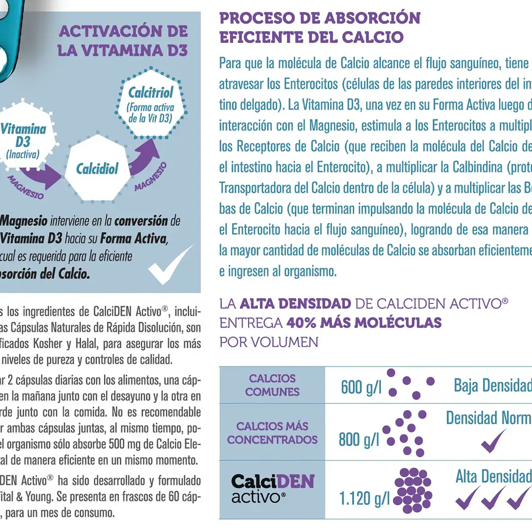 Calcio Alta Densidad + Vitamina D3 Magnesio-activada. Calciden Activo En Frasco De 60 Cápsulas 2