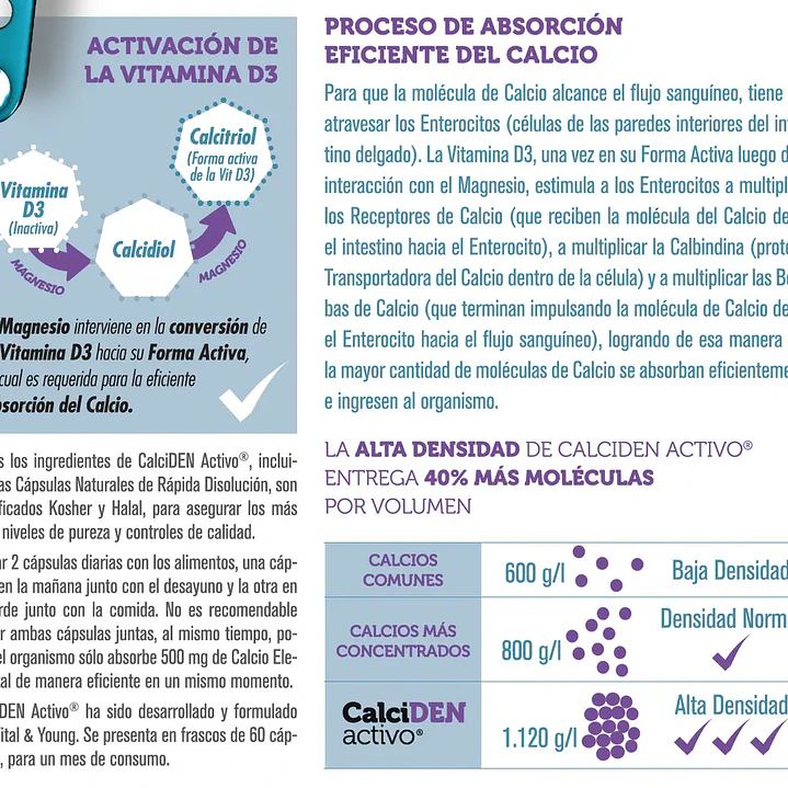 Calcio Alta Densidad + Vitamina D3 Magnesio-activada. Calciden Activo En Frasco De 60 Cápsulas 2