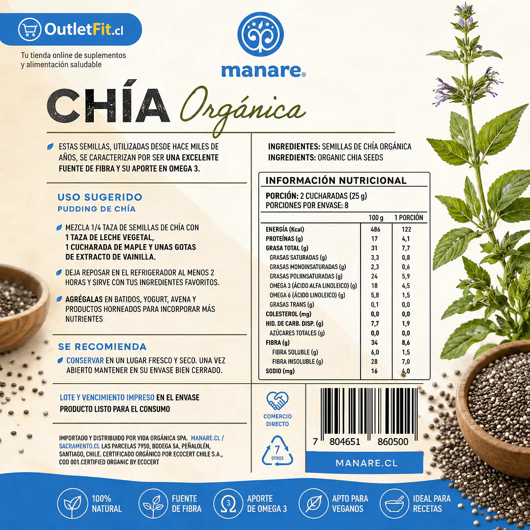 Chía Orgánica Manare 200 g | Fibra y Omega 3 Vegetal 2