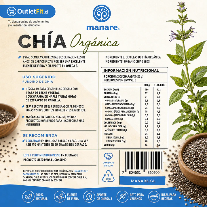 Chía Orgánica Manare 200 g | Fibra y Omega 3 Vegetal 2
