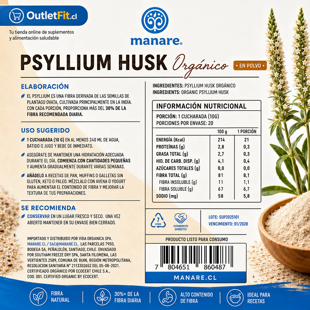 Psyllium Husk Manare 200 g | Fibra Orgánica 2