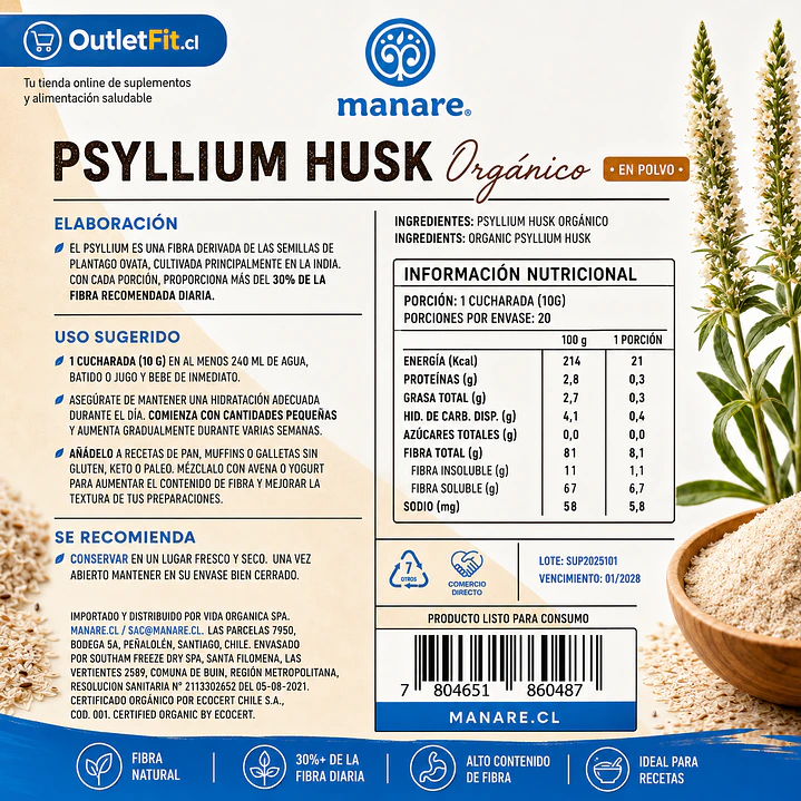 Psyllium Husk Manare 200 g | Fibra Orgánica 2