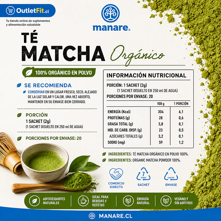 Té Matcha Orgánico Manare 20 Sachets | Energía 2