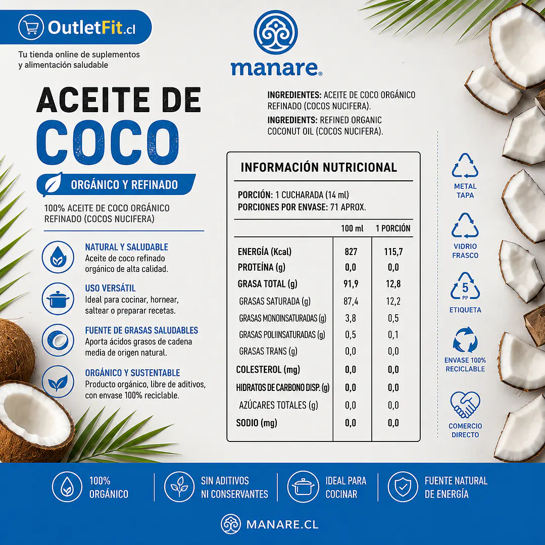 Aceite de Coco Orgánico Manare 1 L | Sin Sabor 2