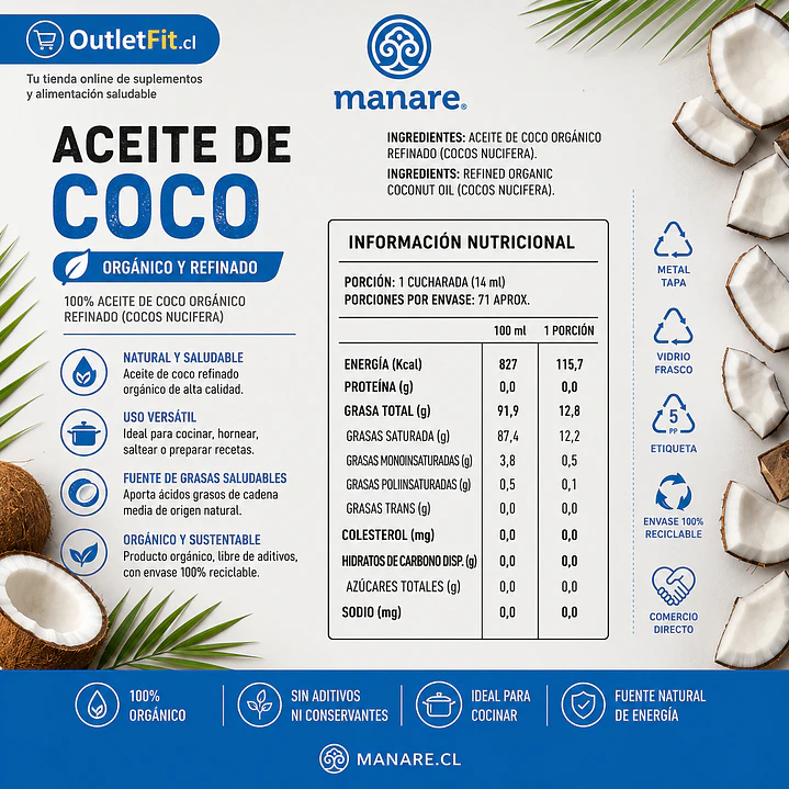 Aceite de Coco Orgánico Manare 1 L | Sin Sabor 2