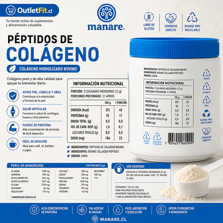 Péptidos de Colágeno Manare 250 g | 11 g Proteína 2