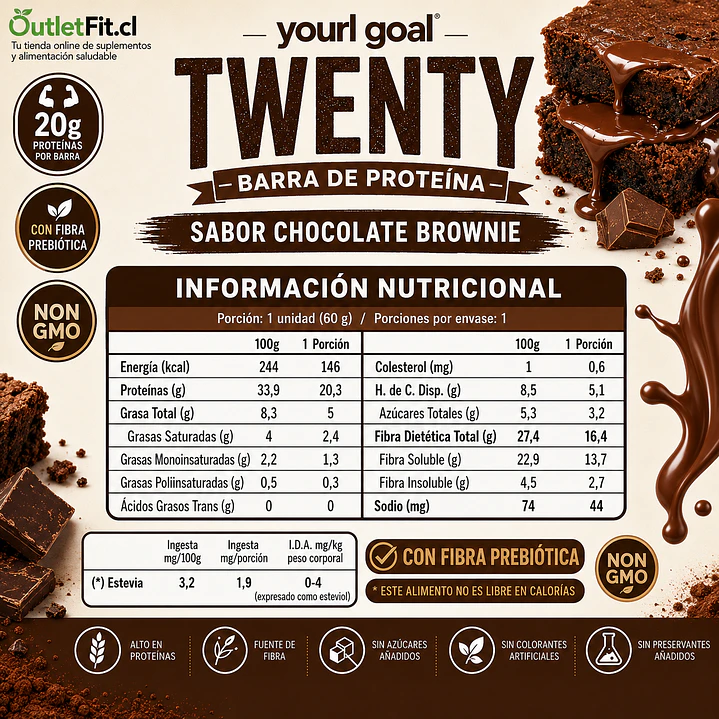 Barra Twenty’s Chocolate Brownie 60 g | 20 g Proteína 3
