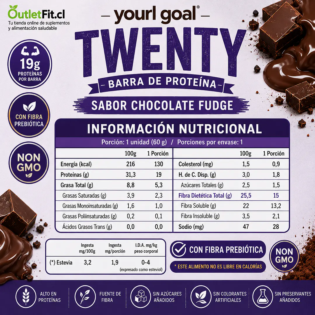 Barra Twenty’s Chocolate Fudge 60 g | 19 g Proteína 3