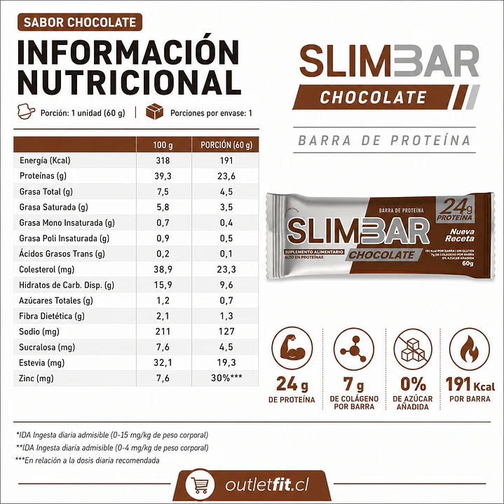 Barra Slimbar Chocolate 60 g | 23,6 g Proteína 3