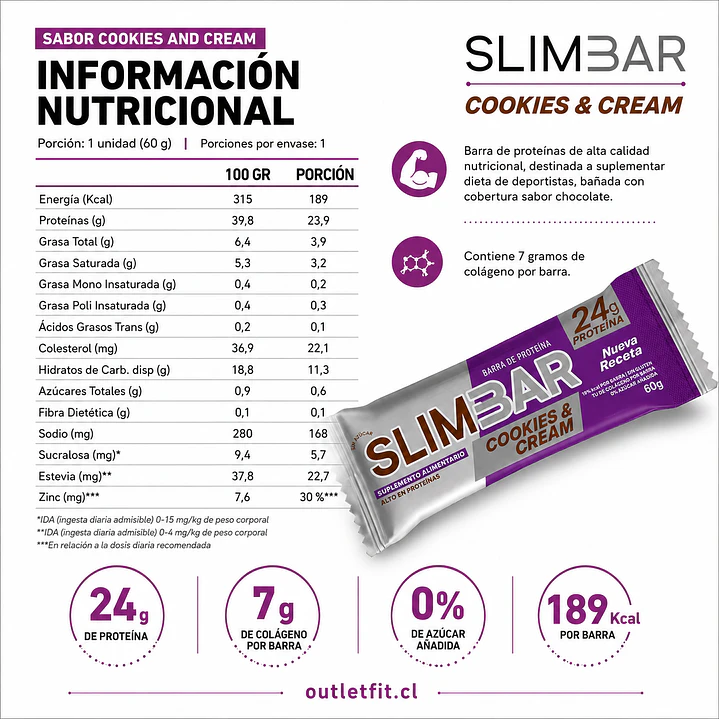 Barra de Proteína Slimbar Cookies & Cream 60 g 3