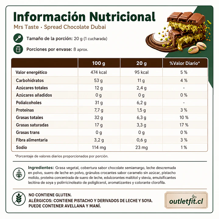 Crema Chocolate Dubai Mrs Taste 180 g | Sin Azúcar 2