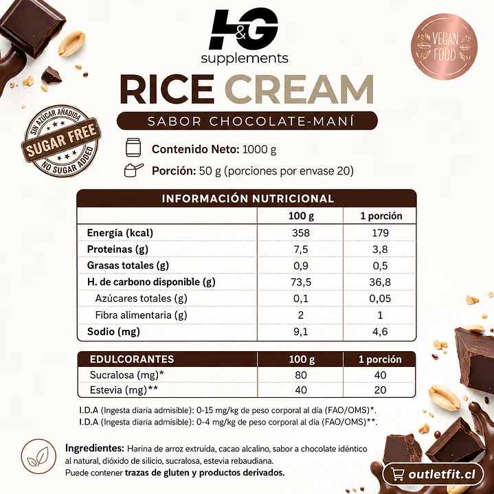 Rice Cream Chocolate H&G Supplements 1 kg | 20 Porciones 2