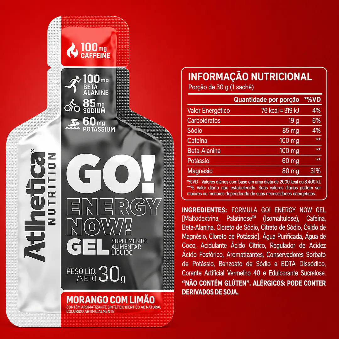 Gel Energético Atlhetica GO! Energy Now Frutilla con Limón 30 g | 100 mg Cafeína 2