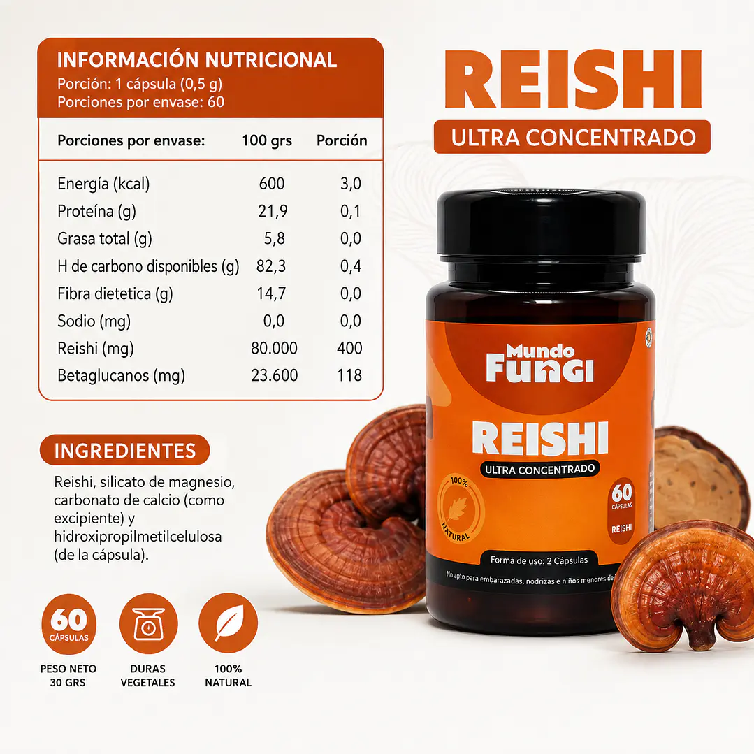 Reishi Mundo Fungi 60 Cápsulas | Ganoderma lucidum 2