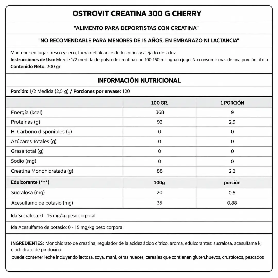 Creatina OstroVit Cherry 300 g | Monohidrato Sabor Cereza 2