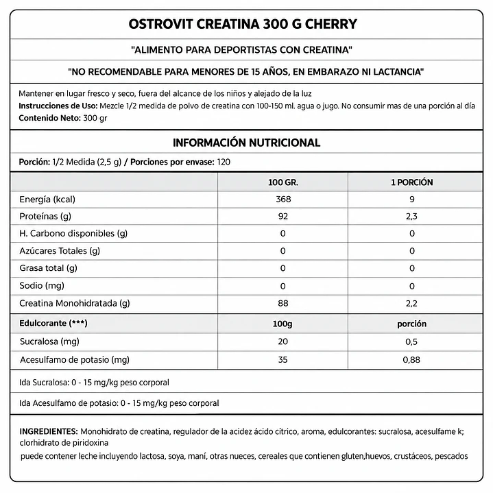Creatina OstroVit Cherry 300 g | Monohidrato Sabor Cereza 2
