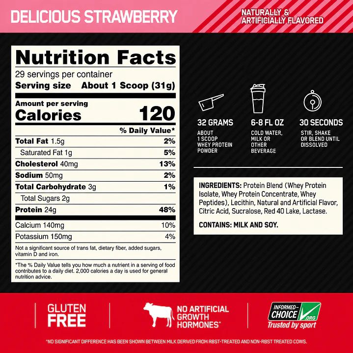 Optimum Nutrition Gold Standard 100% Whey Delicious Strawberry 2 lb | 24 g Proteína 2