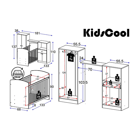 Cuna + Comoda + Closet Blanco Top Baby,"PRODUCTO CON DETALLE"