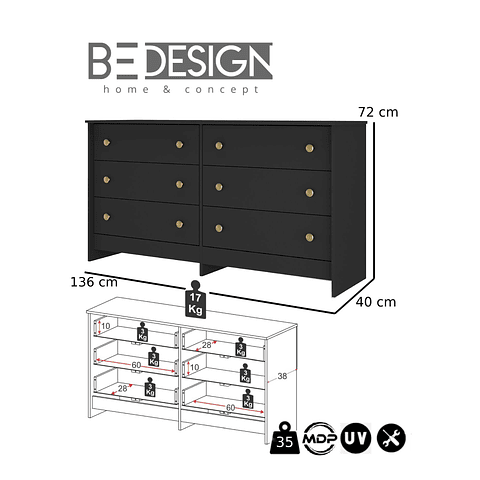 Comoda Duplex 6 Cajones Negro - "PRODUCTO CON DETALLE"