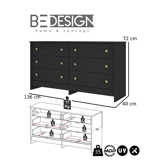 Comoda Duplex 6 Cajones Negro - 