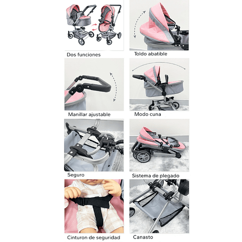 Coche Cuna para muñeca 2 funciones en 1 - "Producto Armado"