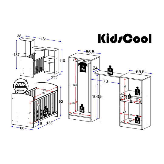 Cuna + Comoda + Closet Blanco Top Baby - Producto con Detalle