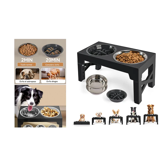 Comedero Elevado Ajustable PetsCool 5 Alturas Plato Anti-voracidad                                                