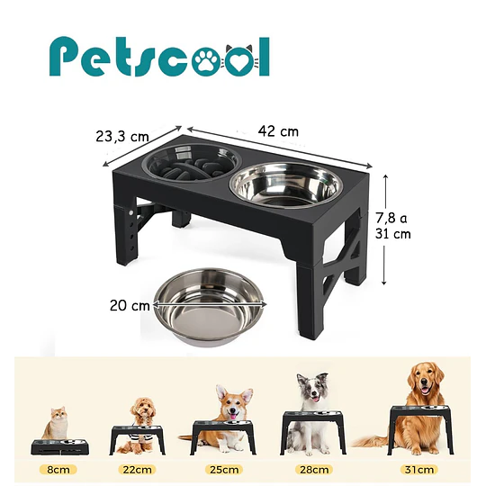 Comedero Elevado Ajustable PetsCool 5 Alturas Plato Anti-voracidad                                                